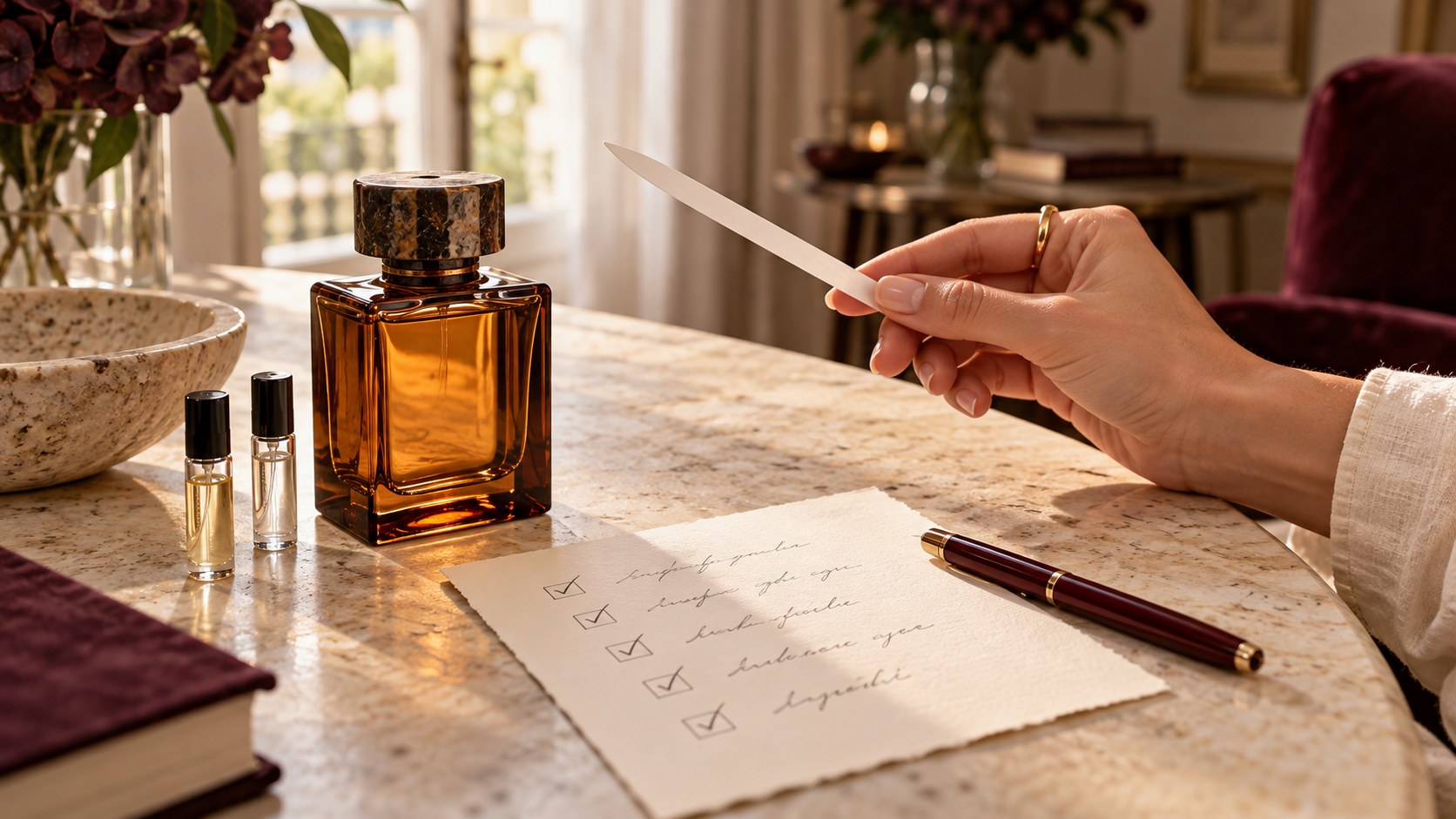 A hand holding a fragrance blotter beside perfume samples and a five-point decision card.
