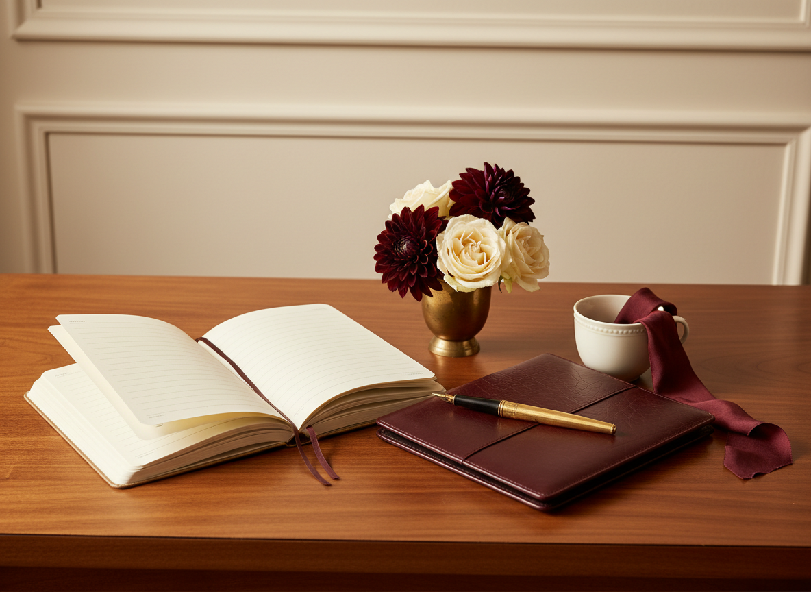 An elegant blank workbook, fountain pen and burgundy silk ribbon on a walnut desk, beside a small vase of flowers.